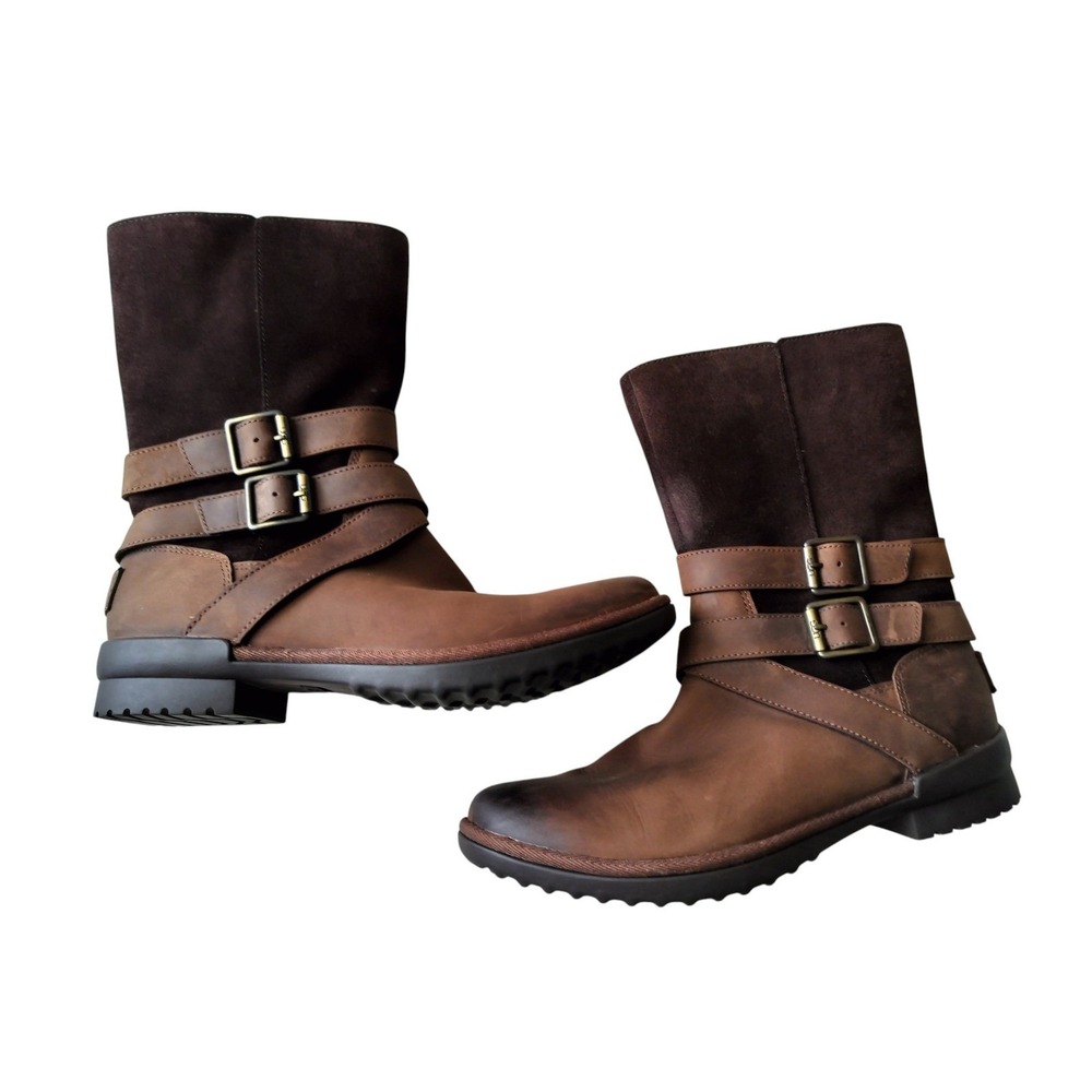 UGG Women's Brown Lorna Waterproof Multi-textured Uppers Leather Boots Size 7 - Picture 2 of 10